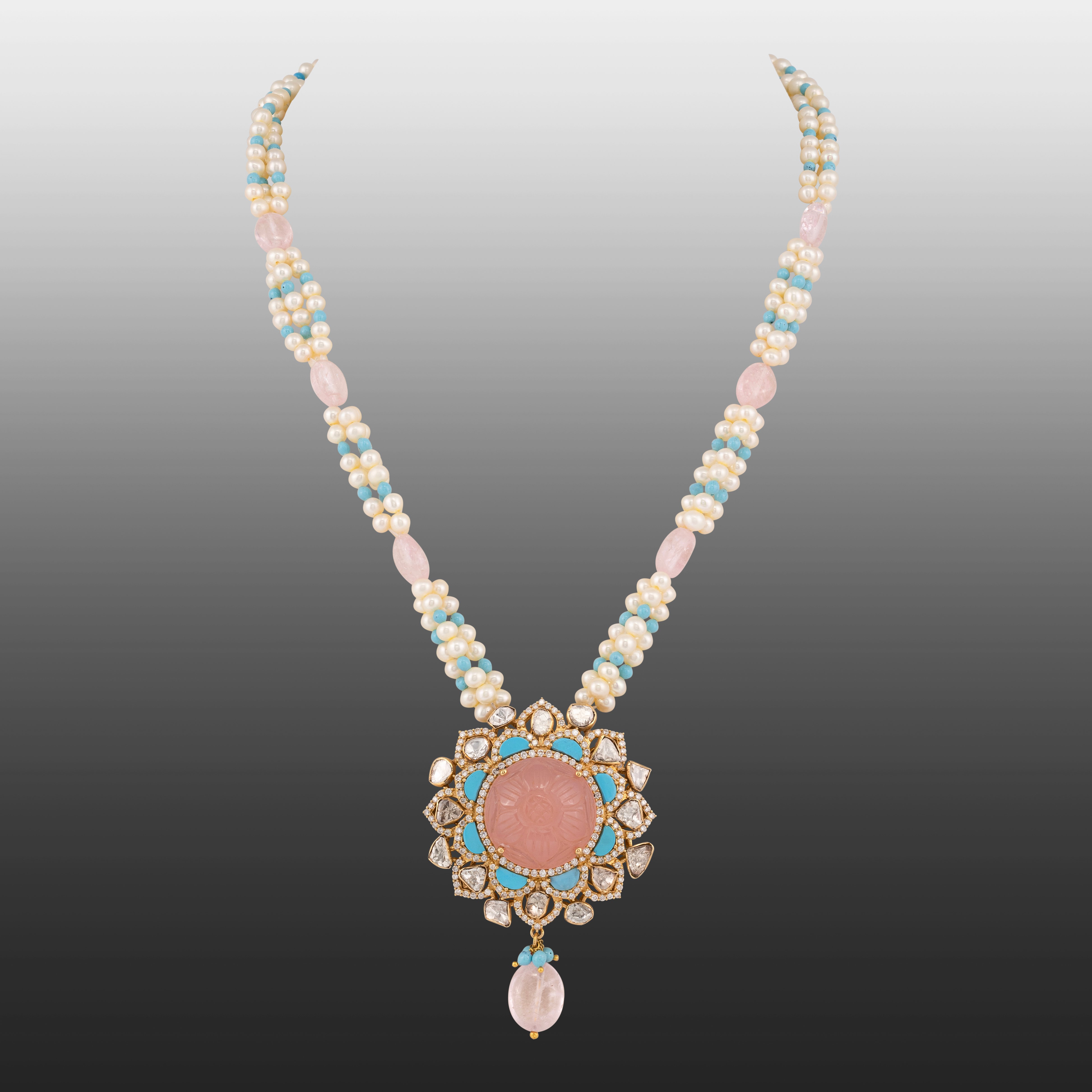 Carved Pink and Turquoise Gemstone Necklace with Polkis and Pearl